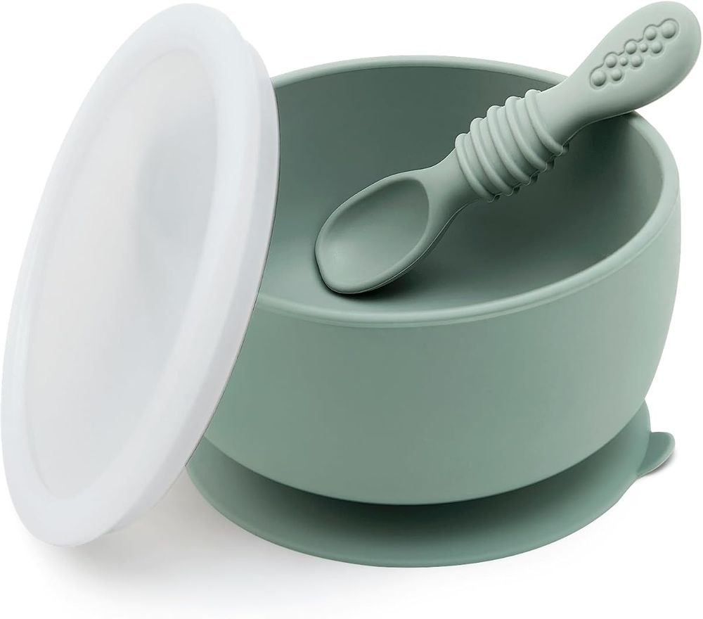 Suction bowl and spoon set with lid in Forest